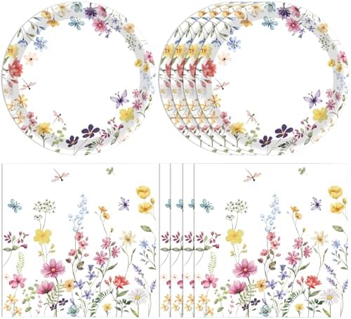 40Pcs Wildflower Paper Plates and Napkins, Floral Party Tableware Set by Actoridae