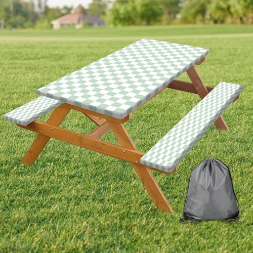 Picnic Table Cover with Bench Covers and Bag, Sage Green and White Checkered Buffalo Plaid Camping Tablecloth Waterproof Elastic Edges Fitted Gingham Tablecloth for Outdoor Garden 3PCS 30x60 Inch by Xguatan