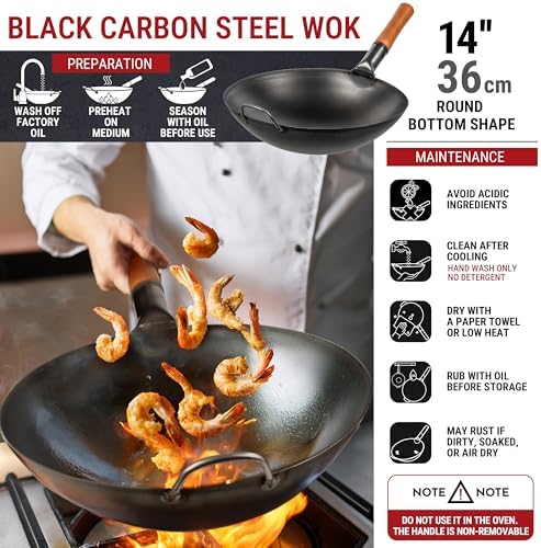 YOSUKATA 14" Black Carbon Steel Wok with Round Bottom - Image 3