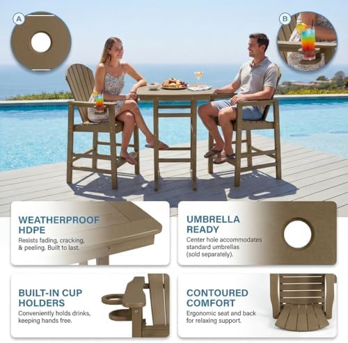 3-Piece HDPE Bar Height Table and Chairs Set, 42.1" Square High Top Pub Table with Umbrella Hole, 2 Adirondack Charis with Cup Holders, Outdoor Patio Dining Set for Bistro Backyard Deck Barnwood - Image 5