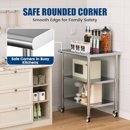 Stainless Steel Work Table with Wheels, 24x30 Inch NSF Kitchen Prep Table with 2 Adjustable Undershelves for Commercial Restaurant, Garage, Outdoor BBQ - Image 5