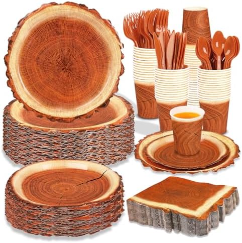 200 Pieces Camping Wood Grain Slice Party Supplies Set Paper Plate Cup Napkin for Camping Woodland Baby Shower Lumberjack Birthday Featuring a Round Wooden Slice Die Cut Edge Design Serve 25 by FULJOOY