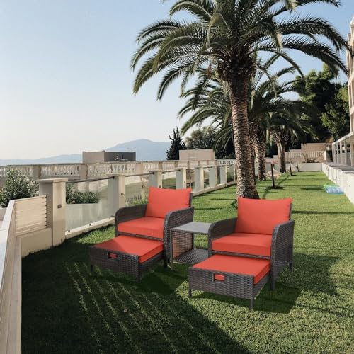 LEVELEVE Balcony Furniture 5 Piece Patio Conversation Set, PE Wicker Rattan Outdoor Lounge Chairs with Soft Cushions 2 Ottoman&Glass Table for Porch, Lawn-Brown Wicker - Image 6