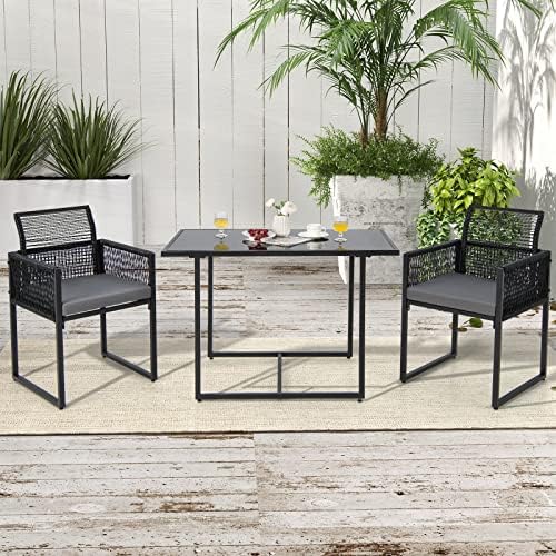 Tangkula 3 Pieces Outdoor Dining Set, Patio PE Rattan Furniture Set with Folding Backrest, Cozy Seat Cushions, Tempered Glass Tabletop, Space-Saving Rattan Chair Table Set for Backyard, Poolside - Image 3