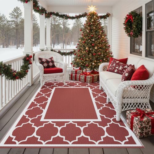 GENIMO Outdoor Rug, Waterproof Plastic Rugs for Patio, 6'x9' Red White - Image 5