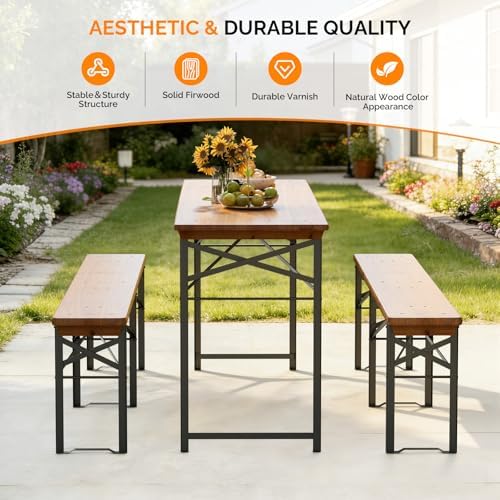 VINGLI 70 Inch Folding Picnic Tables with Benches Set, Weather-Resistant Wooden Beer Garden Table Bench, 3-Piece Portable Fold Up Camping BBQ Table,Walnut Color - Image 3
