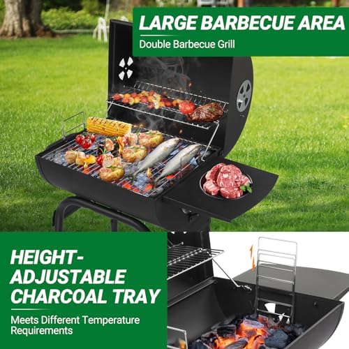 Outvita Barrel Charcoal Grill with Warming Rack, Outdoor BBQ, Black - Image 3