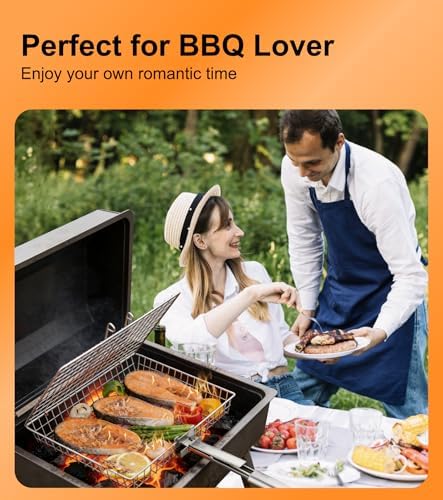 Grill Basket Set for Outdoor Grilling - Large Capacity Fish Grill Basket & Grilling Rack - Food Grade Stainless Steel Portable Flat Basket with Removable Handle for Vegetables, Shrimp & Camping (M+S) - Image 6