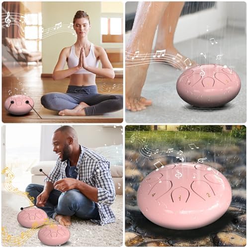 Rain Drum for Outside Garden, 6 Inches 8 Notes Steel Tongue Drums, Waterproof Meditation Echo Rain Chime, Musical Instruments for Adult Gift with Bag, Music Book, Mallets (Pink) - Image 6