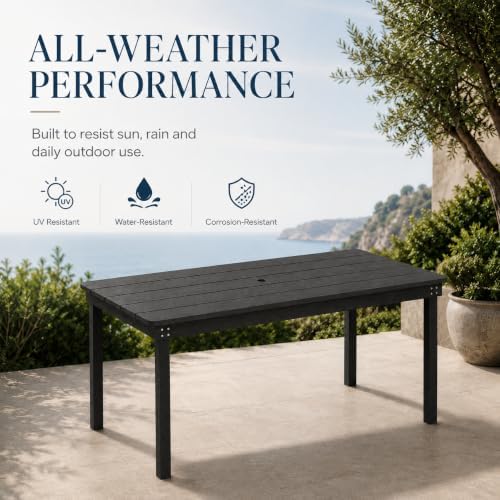 67" Rectangular Outdoor Dining Table, All-Weather HDPE Patio Table for 6-8 Person, Large Composite Wood Furniture with Umbrella Hole for Backyard Deck Garden Poolside, Black - Image 4
