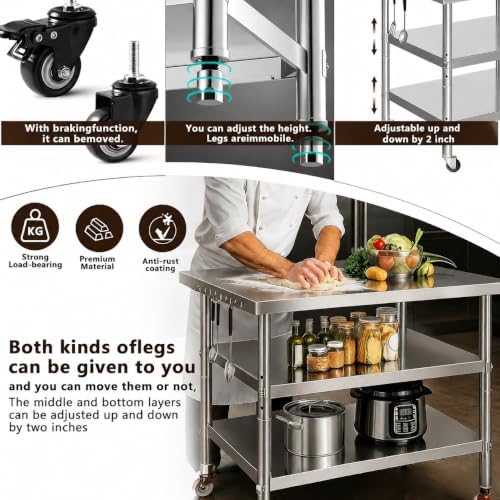 Stainless steel kitchen prep and work table with Wheels,51x32in,Multi-Size - Image 4