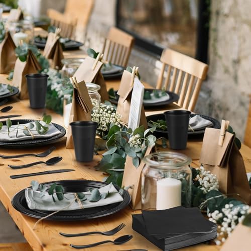 Kochorie 240 Pieces Black Plastic Dinnerware Set for 30 Guests Disposable Heavy Duty Plates Napkins Cups and Silverware Dessert Dinner Plates for Birthday Wedding Halloween Party Supplies - Image 5