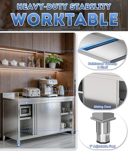 47" Stainless Steel Kitchen Worktable with Cabinet, 440 LBS Heavy Duty Commercial Prep Table with Sliding Doors & Adjustable Feet, Backsplash, for Restaurant, Home, Garage, Outdoor BBQ - Image 4