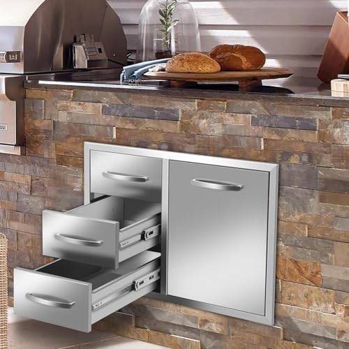 Outdoor Kitchen Drawer Combo Cabinet Outdoor Kitchen Stainless Steel Trash Triple Drawers For BBQ Island Grill Station (Drawer Combo-28Wx20.1Hx19.7D with Handles) - Image 2