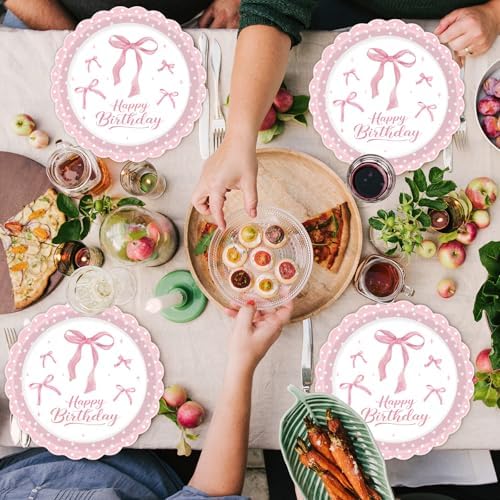 40Pcs Pink Bow Plates and Napkins Party Supplies, 9 Inch Disposable Pink Birthday Plates and Napkins Tableware Set for Bridal Engagement Baby Shower Coquette Birthday Decorations Serve 20 - Image 6
