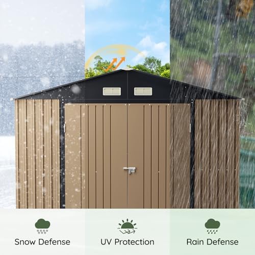 Upgrade 10x12 FT Outdoor Metal Storage Shed with Floor Frame, Double Swing Doors, 2 Clear Windows, Replaceable Skylight Roof Panel, Tool Shed for Garden, Patio, Backyard Brown - Image 7
