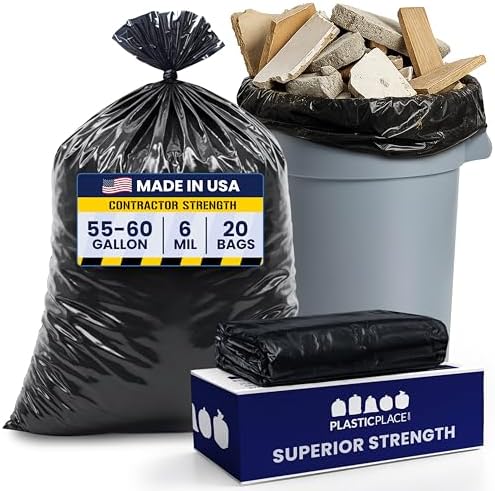 Plasticplace Contractor Garbage Bags: 55 Gallon Trash Bags Heavy Duty, Big Black Trash Bags, 36"x58", 6.0 Mil, Pack of 20 by Plasticplace