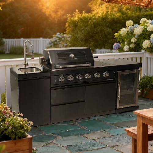 85-Inch 4-Burner Propane Gas Outdoor Grill Island, 72000 BTU Stainless Steel BBQ with Wine Cooler, Stainless Steel Sink, Black Granite Countertops for Patio Backyard, Black by Dvasovio