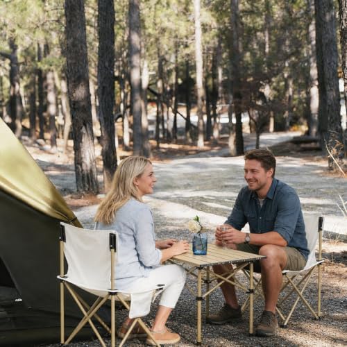 Camping Table with 2 Chairs, Portable Folding Picnic Table Set-Beige - Image 2