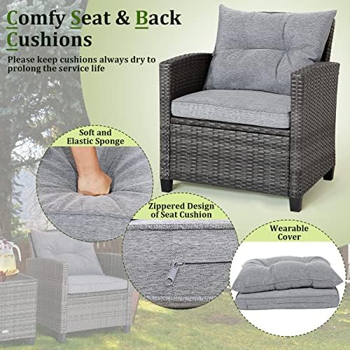 RELAX4LIFE Wicker Patio Furniture Sets - 3 Pieces Rattan Sofa Set, Outdoor Conversation Set with Tempered Glass Tabletop, Heavy-Duty Steel Frame, Wicker Chair Set for Poolside, Backyard, Grey - Image 3