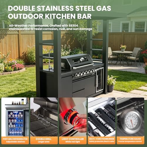 94" Stainless Steel Outdoor Kitchen Island with 6-Burner 85000 BTU,Heavy-Duty Natural Gas Grill with Rotisserie Oven,Galvanized Steel Roof,Granite Countertops,Refrigerator,Sink.(Natural Gas) - Image 4