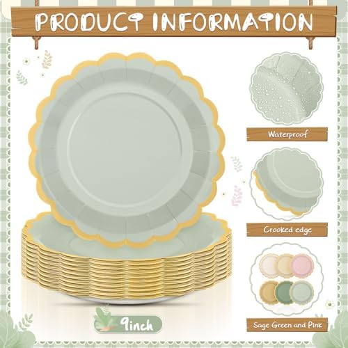 48 Pcs Sage Paper Plates 9 Inch Scalloped Sage and Pink - Image 4