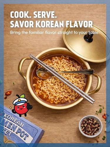 Korean Ramen Pot Set, Gold, Lid, Spoon, 900ml, 30.7oz - Image 4