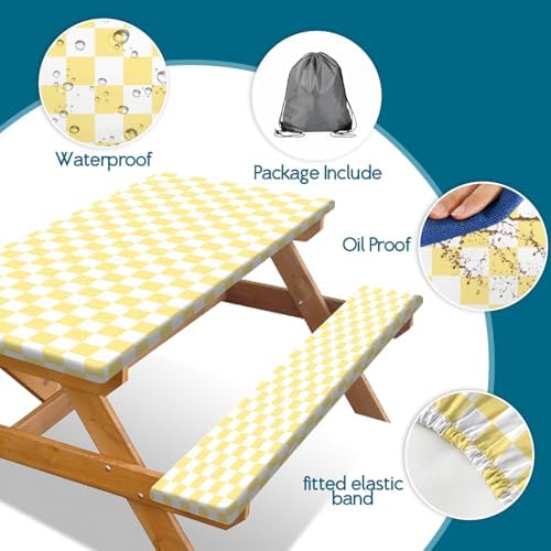 Picnic Table Cover with Bench Covers and Bag, Yellow White Checkered Gingham Buffalo Plaid Camping Tablecloth Waterproof Windproof Elastic Edges Fitted Tablecloths for Outdoor Garden 3PCS 30x96 Inch - Image 6