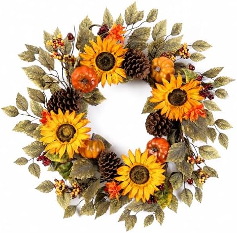 Pinkpum 20" Fall Wreath Front Door Pumpkin Sunflower Pine Cones Wall Decor by Pinkpum