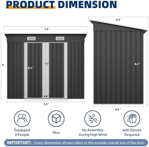 UDPATIO Storage Shed, 8X4 FT Metal Sheds & Outdoor Storage with Sloping Roof & Lockable Door for Bicycle, Tool in Patio Lawn, Garden, Backyard,Grey - Image 2