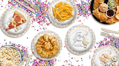 Birthday Galore Silly Goose Baby Shower - 32 Piece Disposable Party Supplies - Beige Gingham Baby Shower Decorations - Round Party Plates - Large 9" Paper Plates In Bulk - Image 7