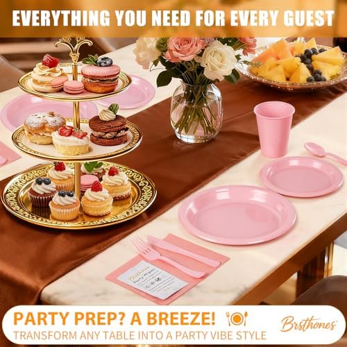 400 Pieces Pink Plastic Plates Set with 50 Party Wipes, Solid Pink Plastic Dinnerware - 50 Each 9" Dinner Plate Set, 7" Dessert Plate, Cups, Napkins & Cutlery for Any Celebration - Image 4