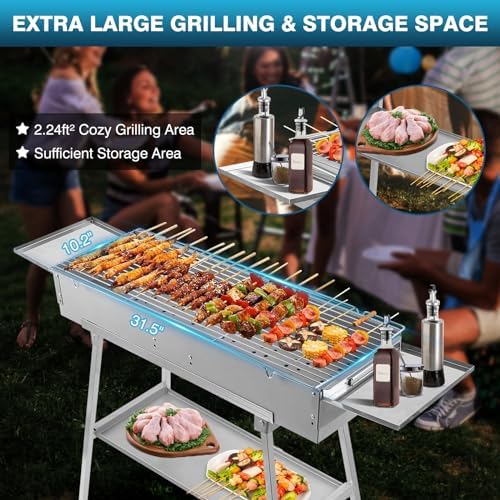 IRONWALLS 32" Portable Charcoal Grill Outdoor Cooking with Storage Shelf - Image 3