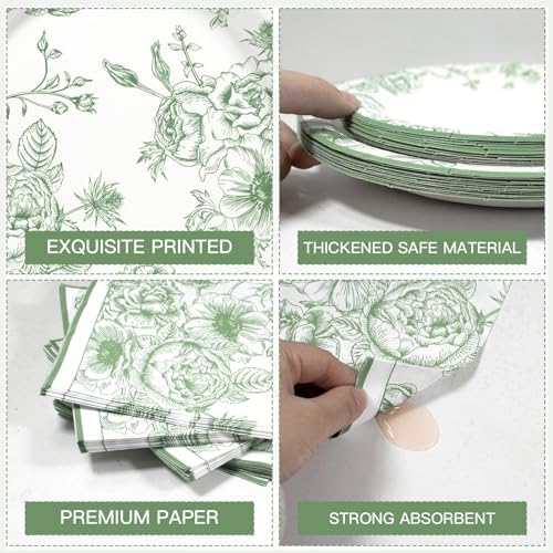 Sage Green Floral Plates and Napkins Party Supplies,Serve 60 Guests - Image 3