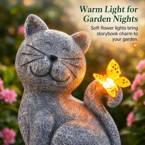 Solar Cat Garden Statue: Outdoor Figurine with Butterfly - Image 6
