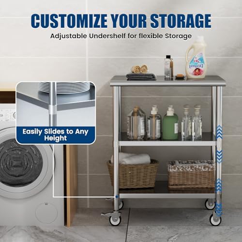 Stainless Steel Work Table with Wheels, 24x30 Inch NSF Kitchen Prep Table with 2 Adjustable Undershelves for Commercial Restaurant, Garage, Outdoor BBQ - Image 4