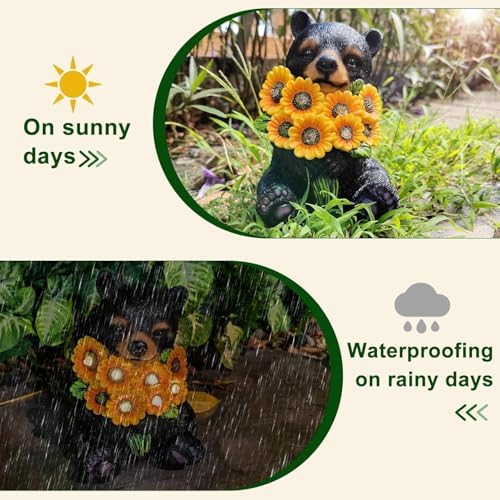 Solar Garden Lights Outdoor Statues Black Bear with Sunflowers - Image 4