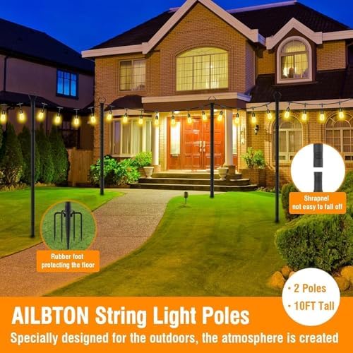 AILBTON 10Ft Exterior Light Poles 10 Pack, Durable Metal String Light Posts for Outdoor Use, Equipped with Fixed Brackets for Yard, Terrace, Backyard and Garden Lighting Decor - Image 2
