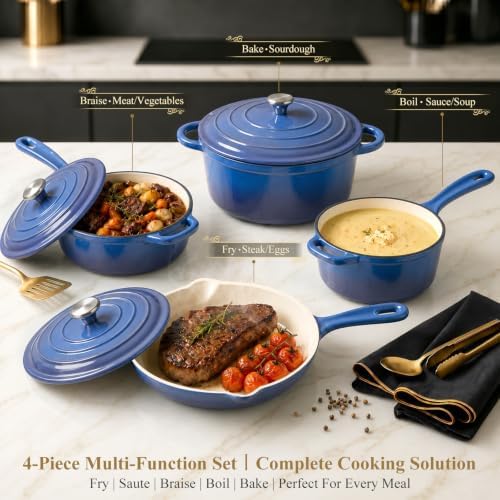Nonstick Enameled Cast Iron Cookware Set, 4-Pcs Pots and Pans with Lid - Image 3
