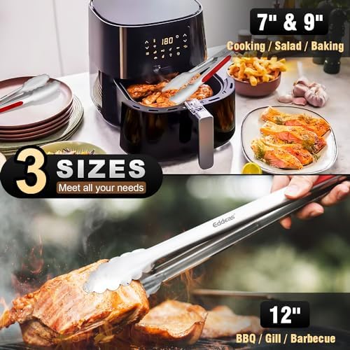 Eddeas Tongs For Cooking - 7",9" and 12 inch Kitchen Tong Heat Resistant 600 Degrees Stainless Steel Tongs, Heavy Duty Metal Locking Tong, Perfect for Food, BBQ Red Set of 3 - Image 4