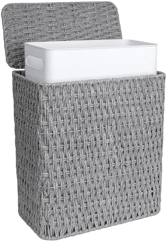 iEGrow Paper Rope Trash Can,Bathroom Trash Can with Lid, 3 Gallon Wicker Waste Basket with Removable Liner, for Bedroom, Living Room, Toilet, Under Sink Gray by iEGrow