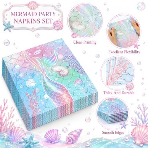 96Pcs Mermaid Party Paper Plates Napkins Set Iridescent Mermaid Birthday Supplies Holographic Disposable Dinnerware for Under the Sea Ocean Themed Birthday Gatherings Decorations - Image 4