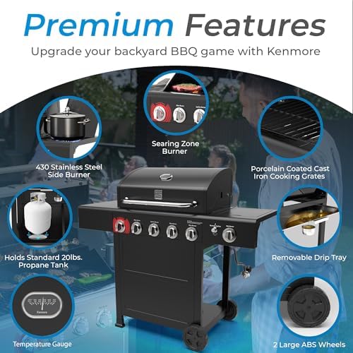 Kenmore BBQ Propane Gas Grill - 5 Burners with Side Burner & Searing Zone, 644 Sq. In. Stainless Steel Grill, 66,000 BTU, Ideal for Outdoor Cooking, Patio & Backyard, Black - Image 5