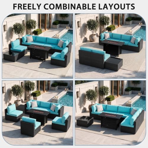 Shintenchi 8 Piece Outdoor Patio Furniture Set with 43 Inch Propane Fire Pit, Washable Cushions, Glass Coffee Table, Waterproof Cover & CSA Certified for Backyard Poolside, Black PE Rattan/Blue - Image 3