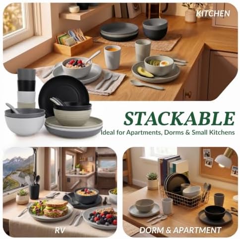Homienly Wheat Straw Dinnerware Sets 20 PCS Unbreakable Plates and Bowls Set Microwave & Dishwasher Safe Dishes Set for 4 Kitchen Plate Set Party, Camping, RV, Picnic, Apartment-Black Grey - Image 6