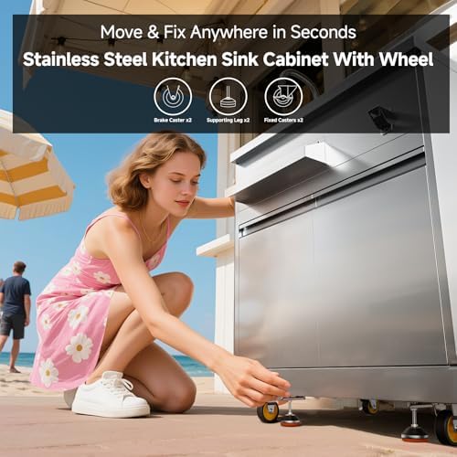BODEGA Stainless Steel Outdoor Kitchen Sink Cabinet, Outdoor Sink With Hose Hook Up,Single Bowl Kitchen Sinks With Brake Wheels & Spice Rac, All-Weather Use, Mobile Prep Station for BBQ, Camping, RV. - Image 3