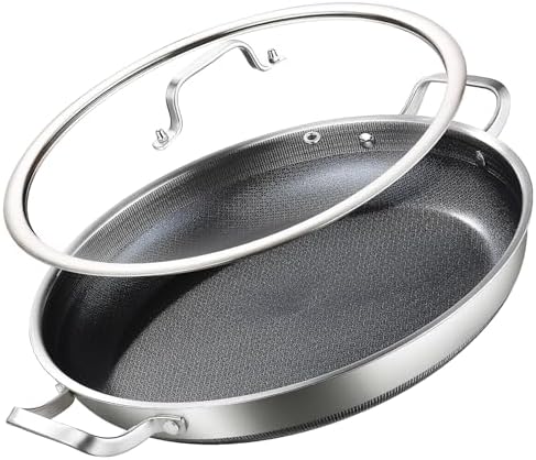 DELARLO Nonstick Paella Pan With Lid 14 Inch, Tri-Ply Stainless Steel Large Skillet, Everyday Pan, Fast & Even Heating Induction Cooking Pan, Dishwasher and Oven Safe, Heavy Duty Style by DELARLOCOOKWARE