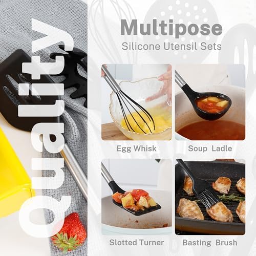 QMVESS Silicone Cooking Utensils Set, 28 Pcs Non-Stick Kitchen Utensils Set with Holder, 446°F Heat Resistant Spatula, Tongs, Spoons Set with Stainless Steel Handle Kitchen Gadgets (Black) - Image 4