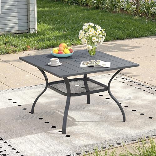 Outdoor Dining Table with Adjustable Umbrella Hole, 37.8" All-Weather Square Patio Dining Table for 4, Metal Patio Table for Garden Lawn Porch Deck Yard, Dark Grey by ProvideOutdoorSolutions