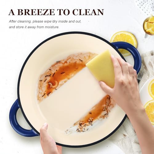 Overmont Enameled Cast Iron Dutch Oven - 4.5QT Pot with Lid Cookbook & Cotton Potholders - Heavy-Duty Cookware for Braising, Stews, Roasting, Bread Baking IndigoBlue - Image 4